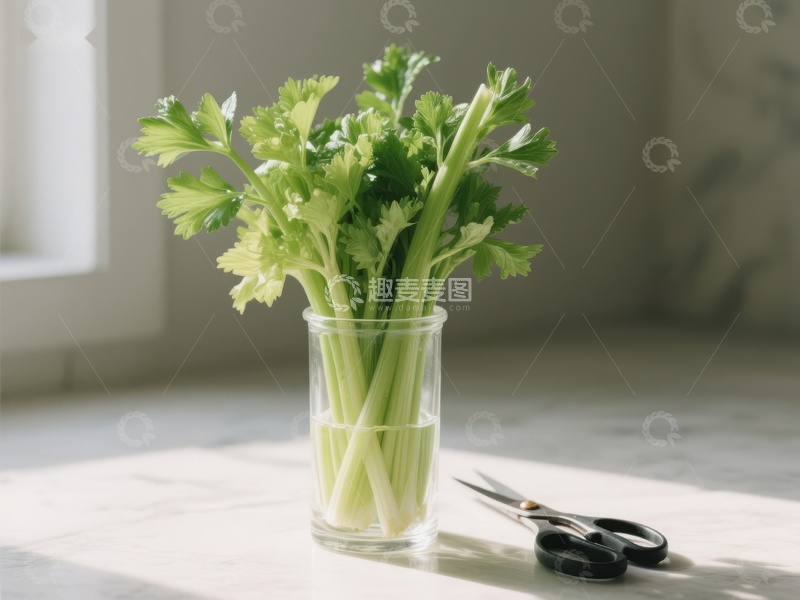 新鲜芹菜置于透明玻璃杯中