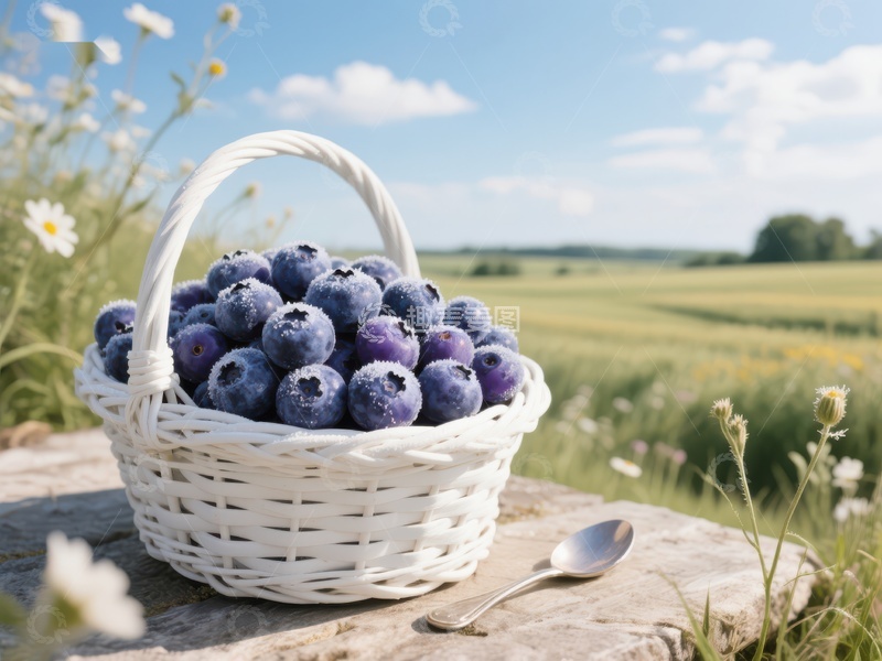 高清大图下载【趣麦麦图】篮子里的蓝莓与田野风光
