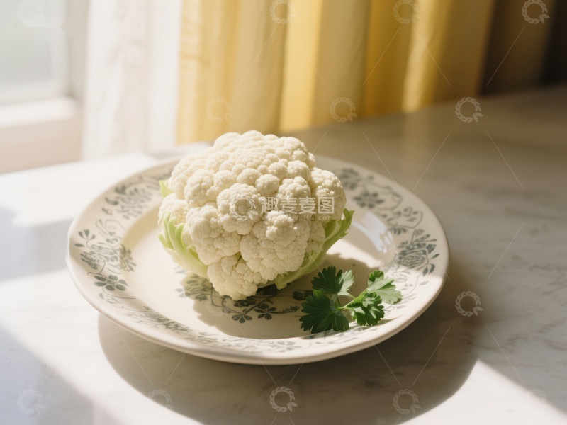 高清大图下载【趣麦麦图】盘中新鲜花椰菜，阳光洒落