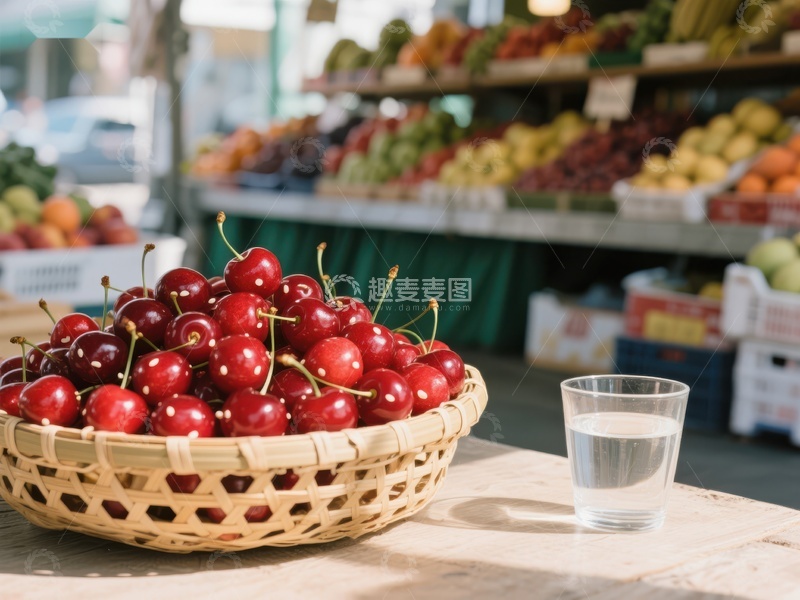 市场摊位前的樱桃与清水