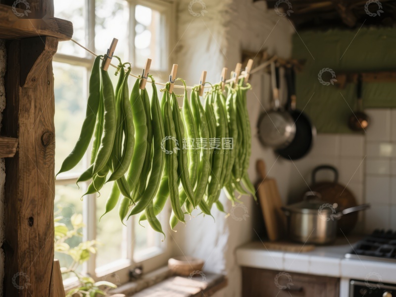 高清大图下载【趣麦麦图】厨房窗边晾晒的绿色豆荚