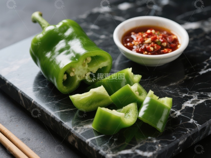 高清大图下载【趣麦麦图】青椒切片与辣椒酱摆盘