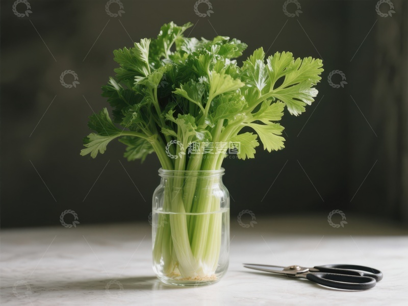 芹菜置于玻璃瓶中，旁置剪刀