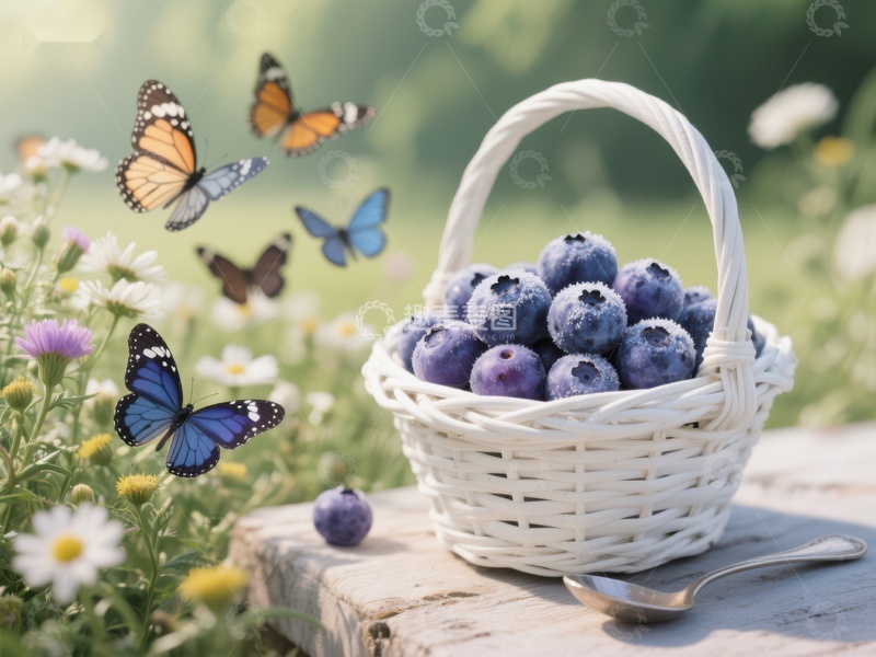 高清大图下载【趣麦麦图】蓝莓篮与蝴蝶在花丛中