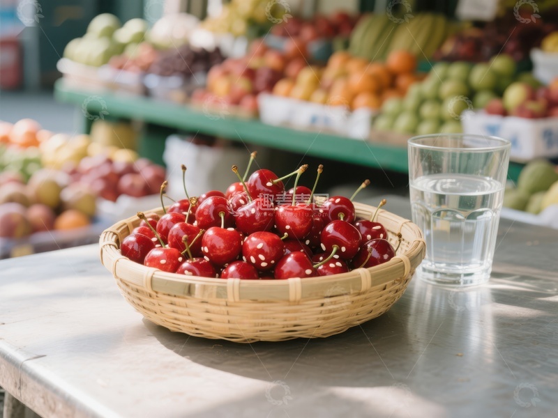 高清大图下载【趣麦麦图】新鲜樱桃与清水，市场背景