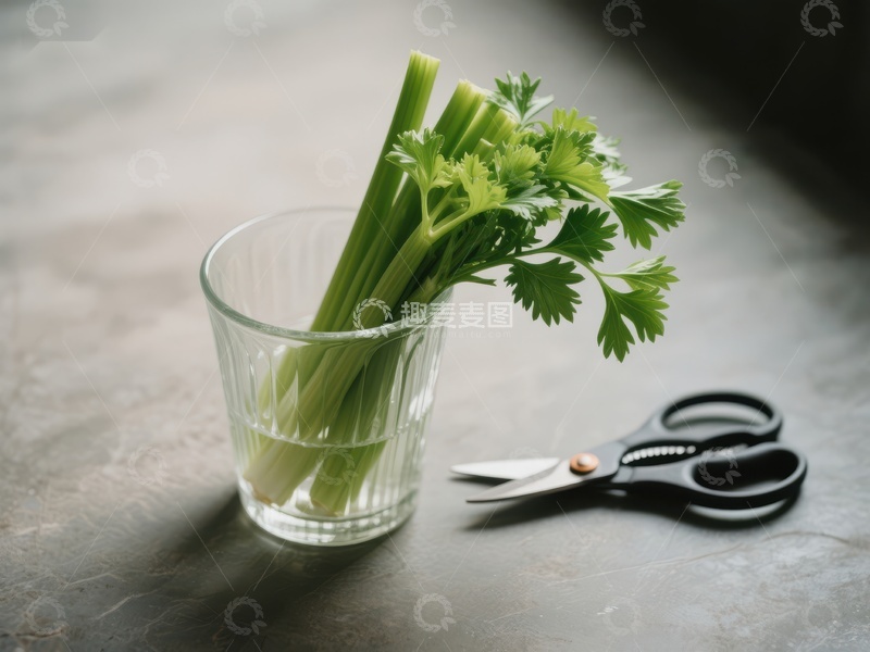 高清大图下载【趣麦麦图】玻璃杯中的芹菜与剪刀