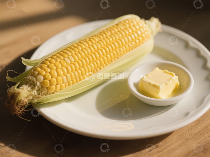 高清大图下载【趣麦麦图】新鲜玉米配黄油，置于白色盘中