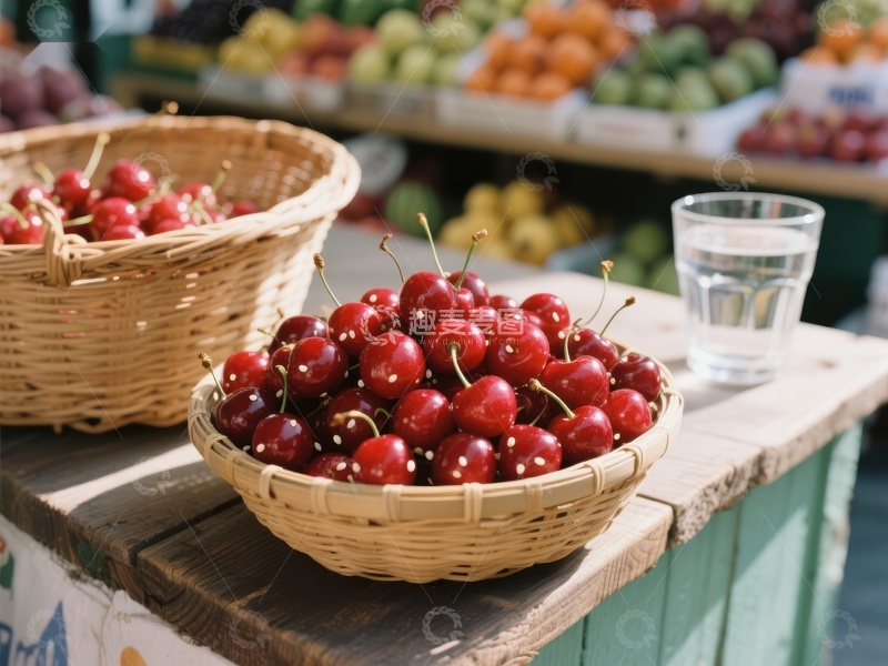 新鲜樱桃摆放在市场摊位上