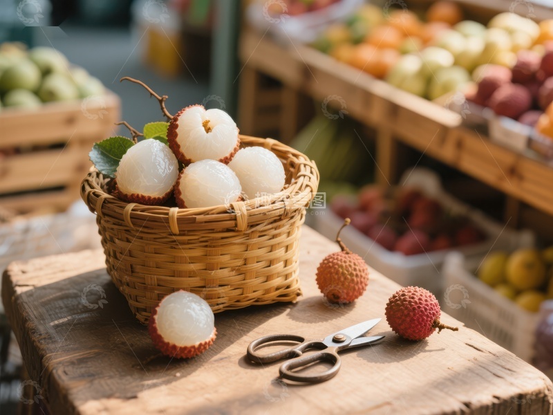高清大图下载【趣麦麦图】新鲜荔枝展示于市场摊位