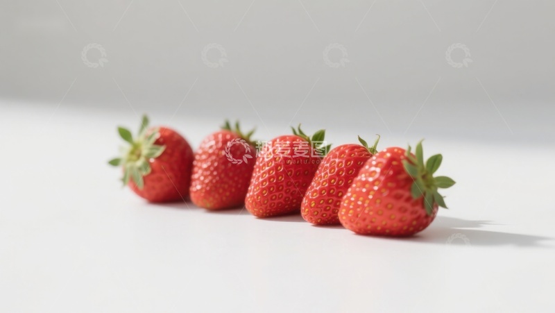 高清大图下载【趣麦麦图】五颗新鲜草莓排列在白色背景上