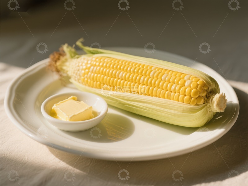 高清大图下载【趣麦麦图】新鲜玉米配黄油，置于白色盘中