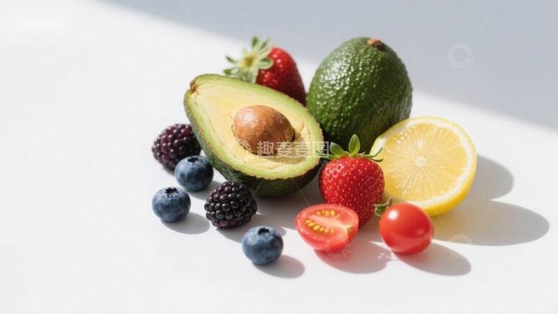 高清大图下载【趣麦麦图】新鲜水果组合：牛油果、柠檬与浆果