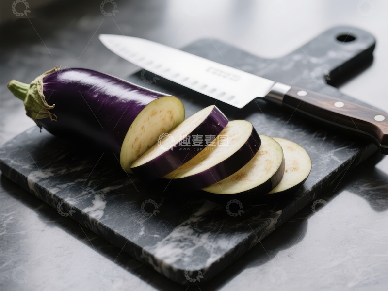 高清大图下载【趣麦麦图】切片茄子与刀具置于石板上