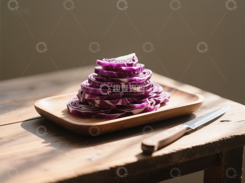 高清大图下载【趣麦麦图】切片红洋葱堆叠在木质砧板上