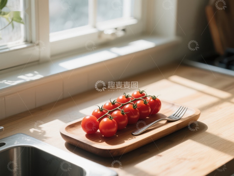 高清大图下载【趣麦麦图】窗边砧板上的新鲜樱桃番茄