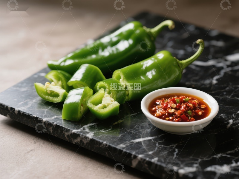 高清大图下载【趣麦麦图】青椒与辣椒酱的美味搭配