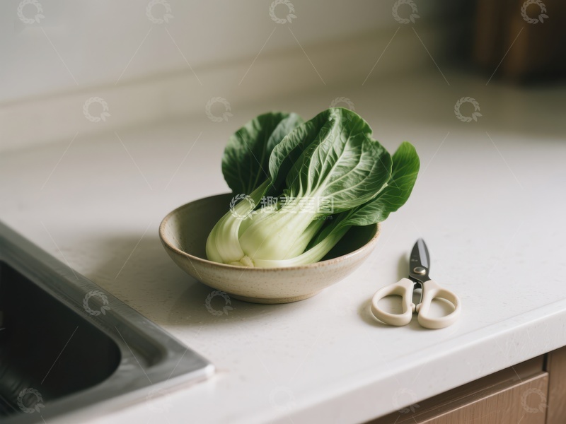 高清大图下载【趣麦麦图】青菜置于碗中，旁放剪刀
