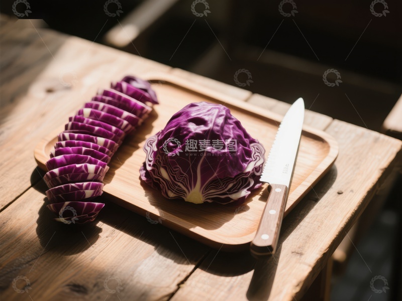 高清大图下载【趣麦麦图】紫甘蓝切片与刀具置于木制砧板