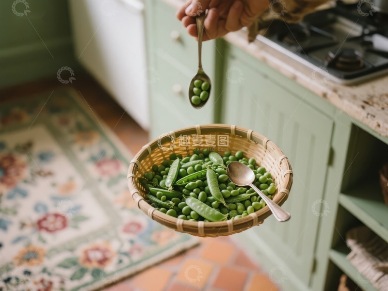 高清大图下载【趣麦麦图】厨房中手舀新鲜豌豆