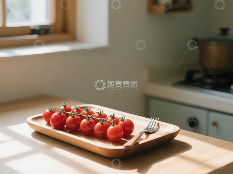 高清大图下载【趣麦麦图】窗边木盘上的新鲜樱桃番茄