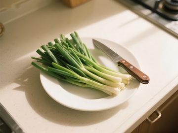 青葱与刀置于盘中，厨房台面
