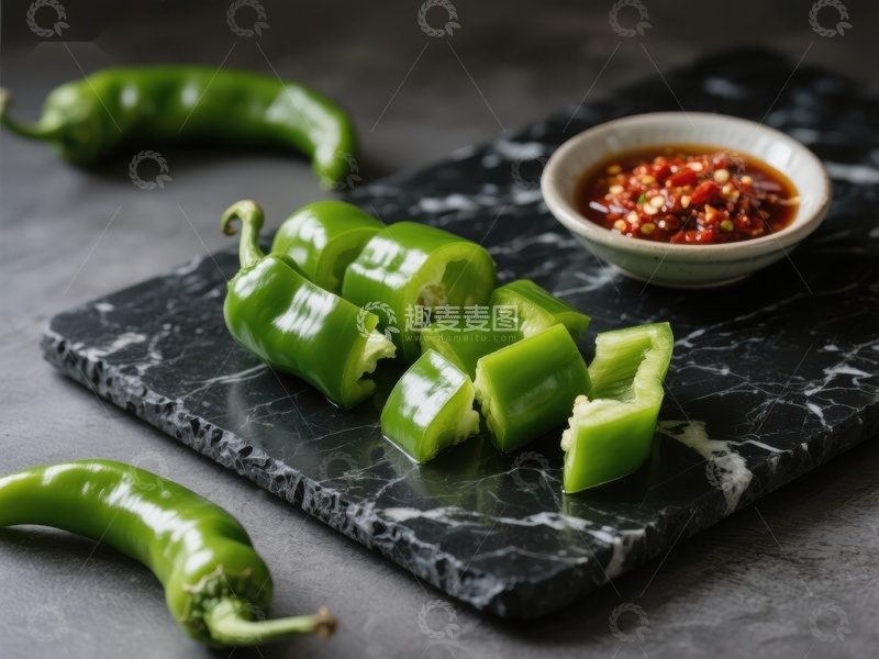 高清大图下载【趣麦麦图】青椒切片与辣椒酱摆盘