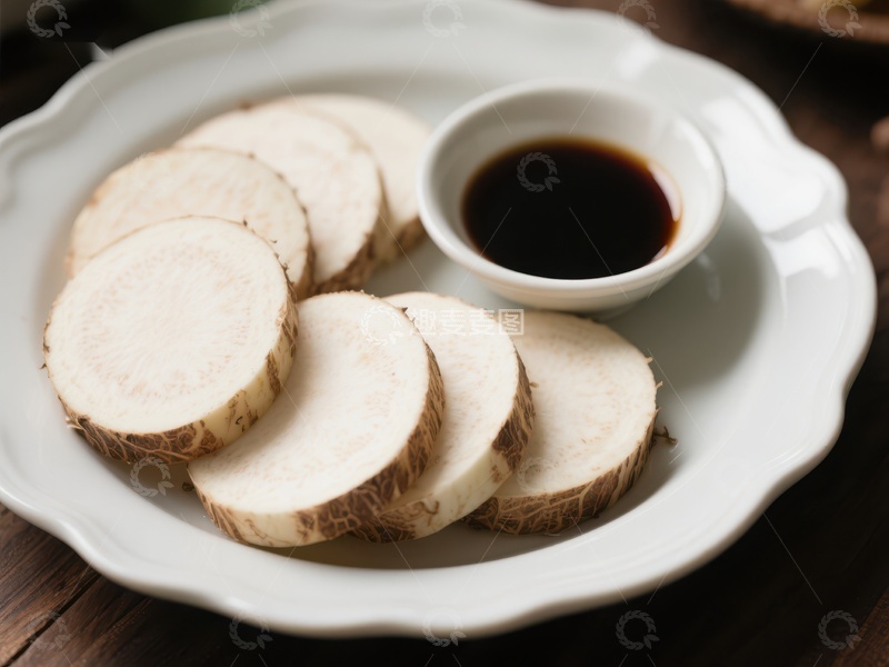 高清大图下载【趣麦麦图】新鲜芋头片配酱油碟