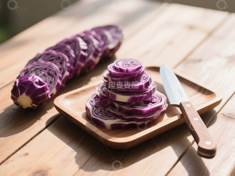 高清大图下载【趣麦麦图】切片紫甘蓝与刀具置于木盘