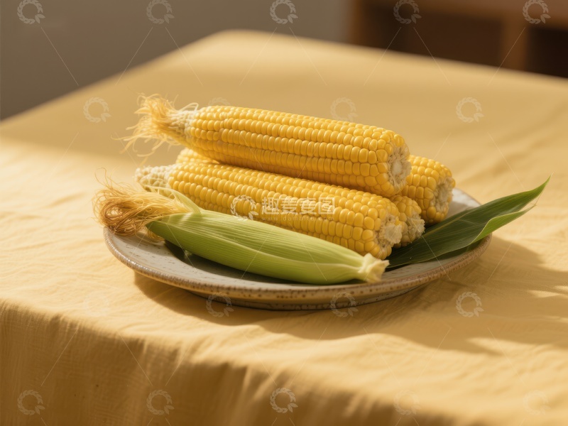 高清大图下载【趣麦麦图】新鲜玉米堆放在黄色桌布上的盘子中