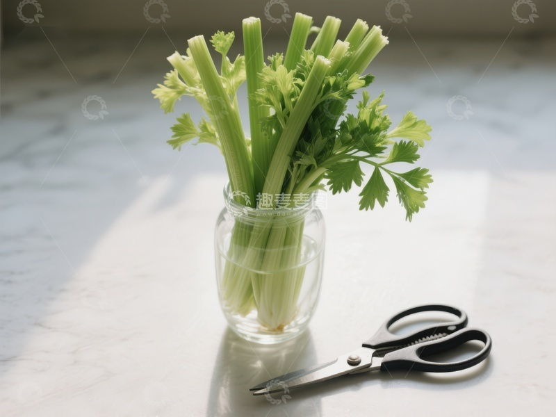 新鲜芹菜置于玻璃杯中