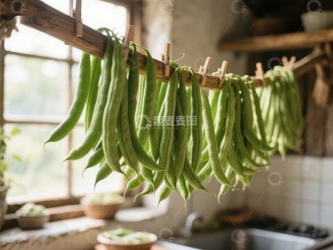 新鲜豆角悬挂晾晒