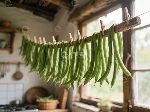 厨房窗前晾晒的绿色豆角