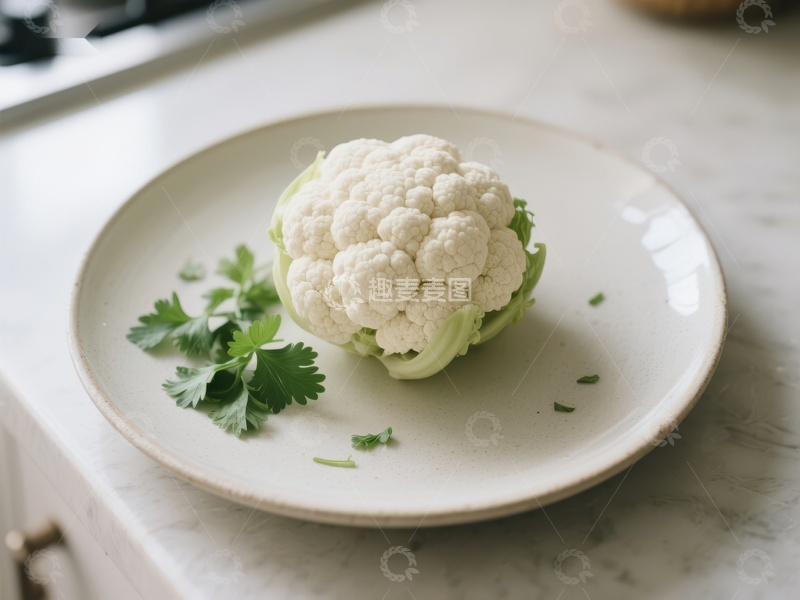 高清大图下载【趣麦麦图】新鲜花椰菜置于白色盘中