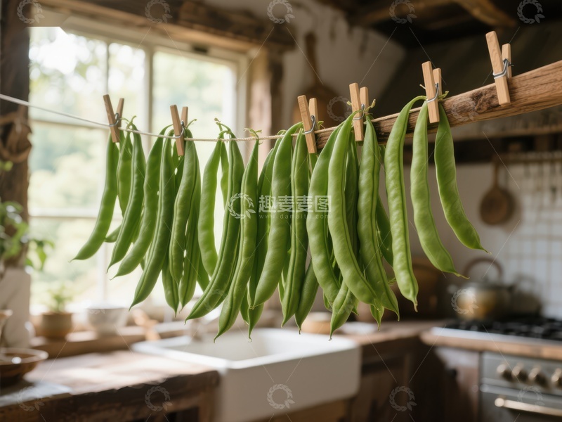 高清大图下载【趣麦麦图】厨房晾晒的绿色豆荚