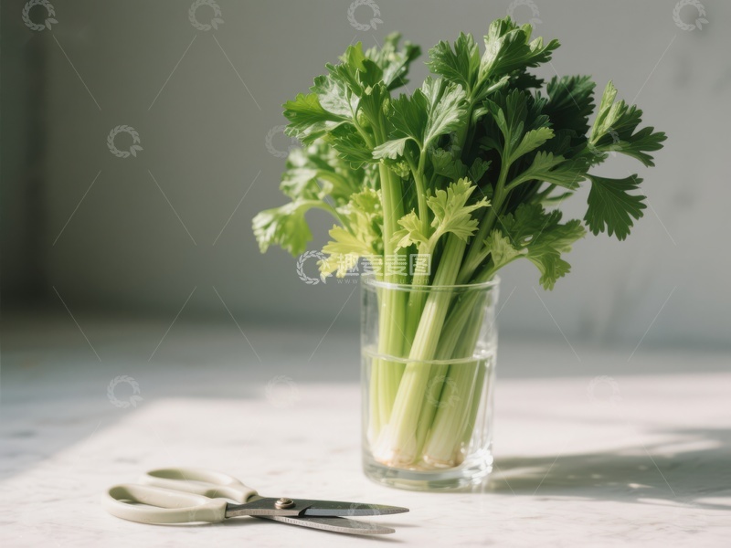 新鲜芹菜置于玻璃杯中