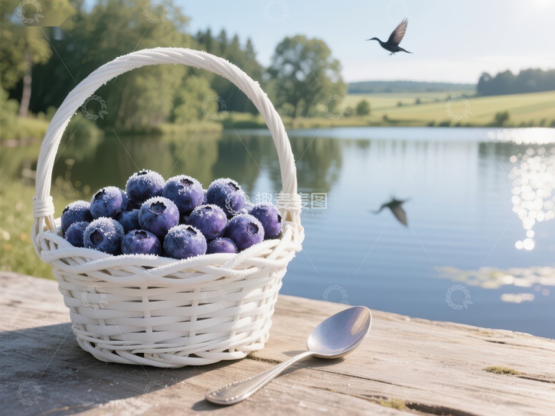 高清大图下载【趣麦麦图】湖畔蓝莓篮与飞翔小鸟