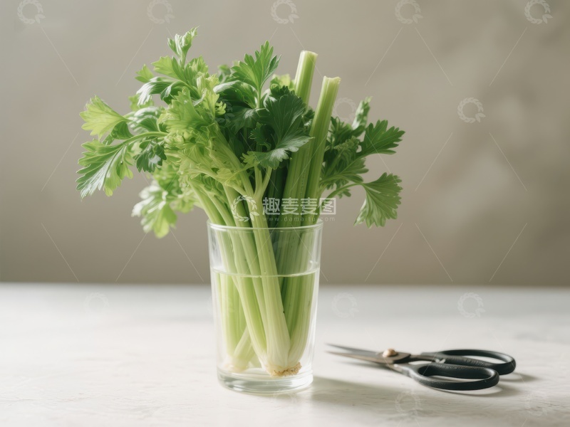 新鲜芹菜置于玻璃杯中