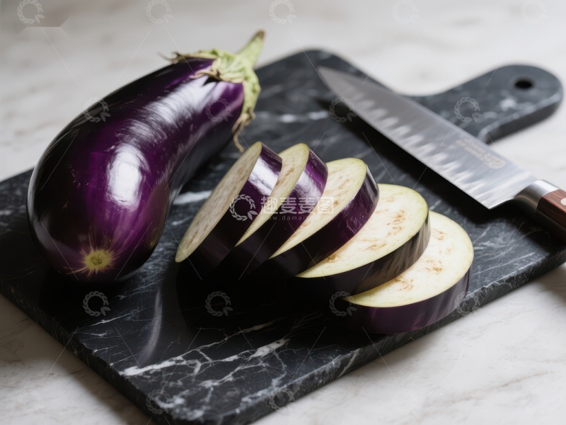 高清大图下载【趣麦麦图】切片茄子与刀具置于大理石砧板上