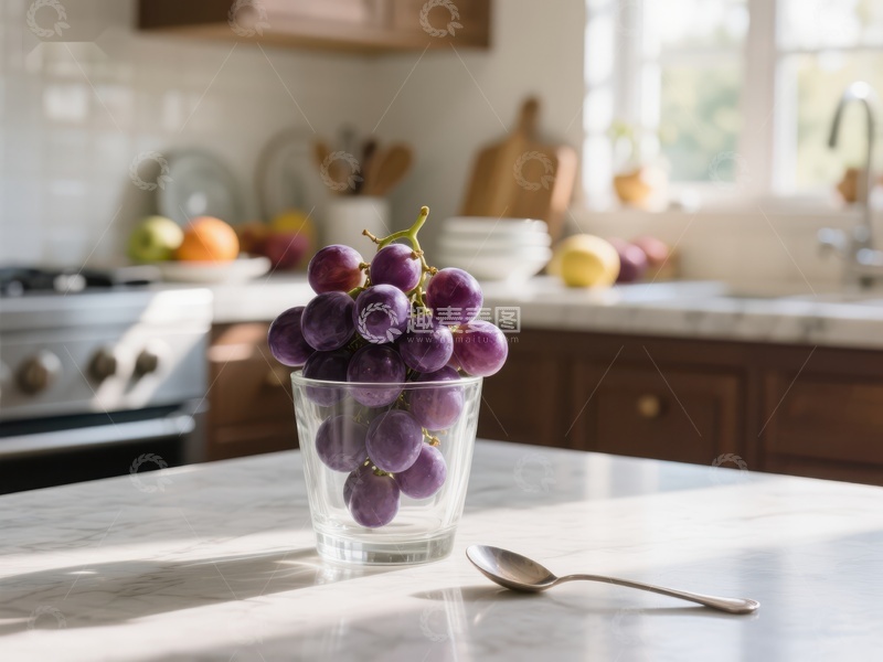 高清大图下载【趣麦麦图】厨房台面上的葡萄杯