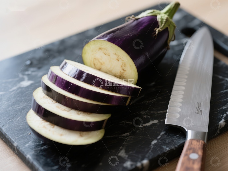 高清大图下载【趣麦麦图】切片茄子与刀具