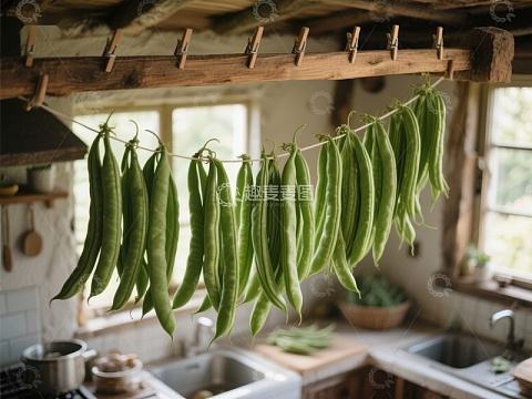 厨房悬挂的绿色豆荚