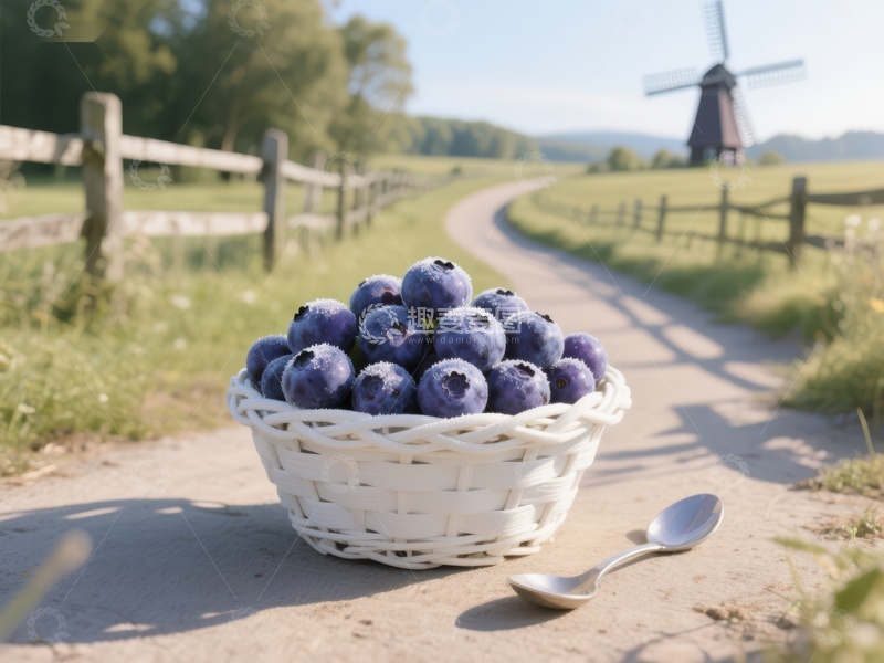 高清大图下载【趣麦麦图】蓝莓篮子与风车乡村小径