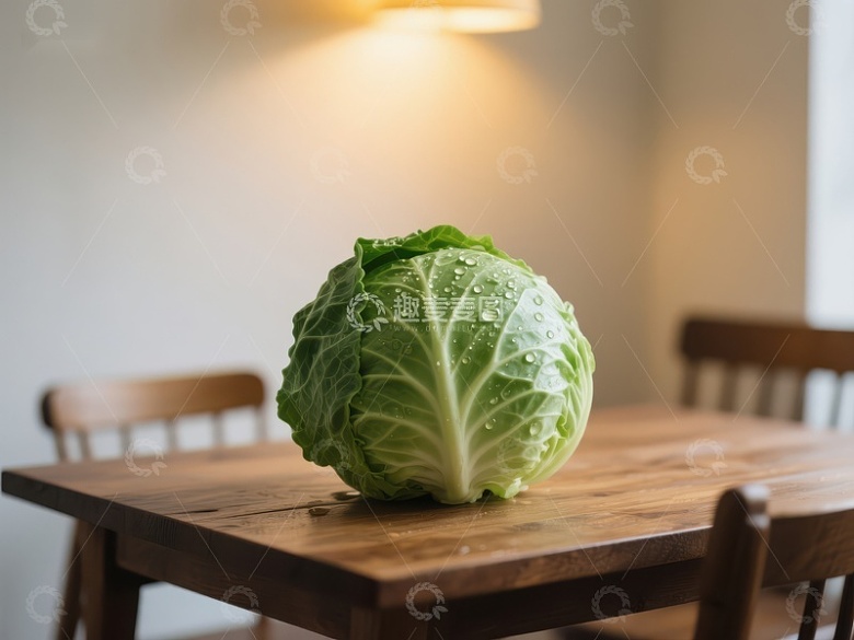 新鲜卷心菜置于木质餐桌之上