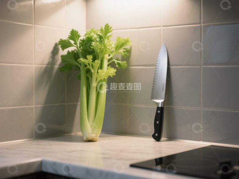 高清大图下载【趣麦麦图】厨房台面上的芹菜与刀具