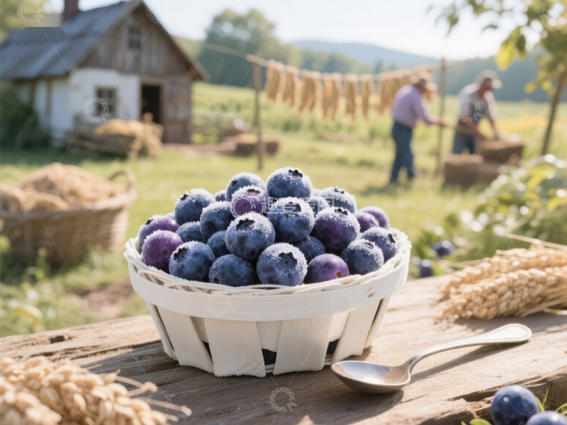 高清大图下载【趣麦麦图】蓝莓篮子与农舍背景