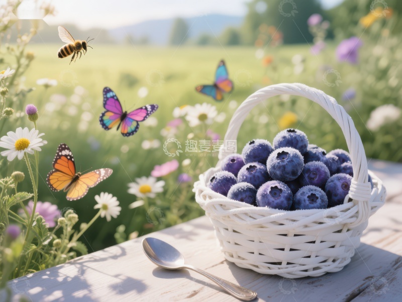 高清大图下载【趣麦麦图】蓝莓篮与蝴蝶蜜蜂在花田