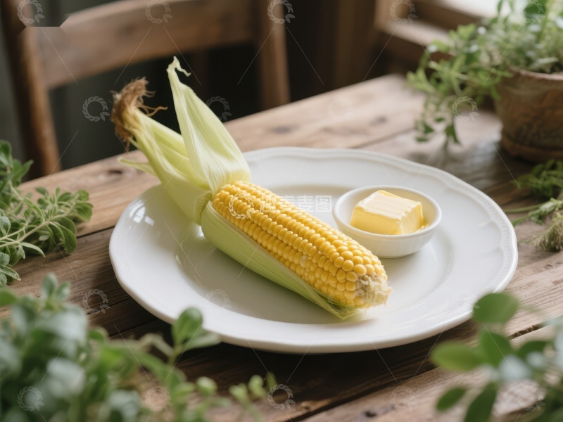 高清大图下载【趣麦麦图】盘中玉米配黄油，绿植环绕