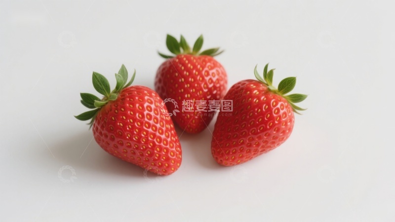 高清大图下载【趣麦麦图】三颗新鲜草莓静置于白色背景