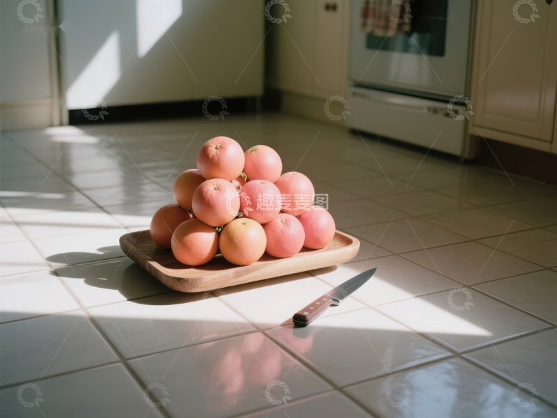 高清大图下载【趣麦麦图】厨房地板上的橙子堆与刀具