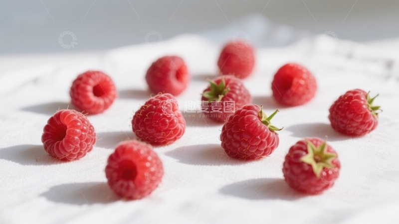 高清大图下载【趣麦麦图】新鲜覆盆子散落在白色布上